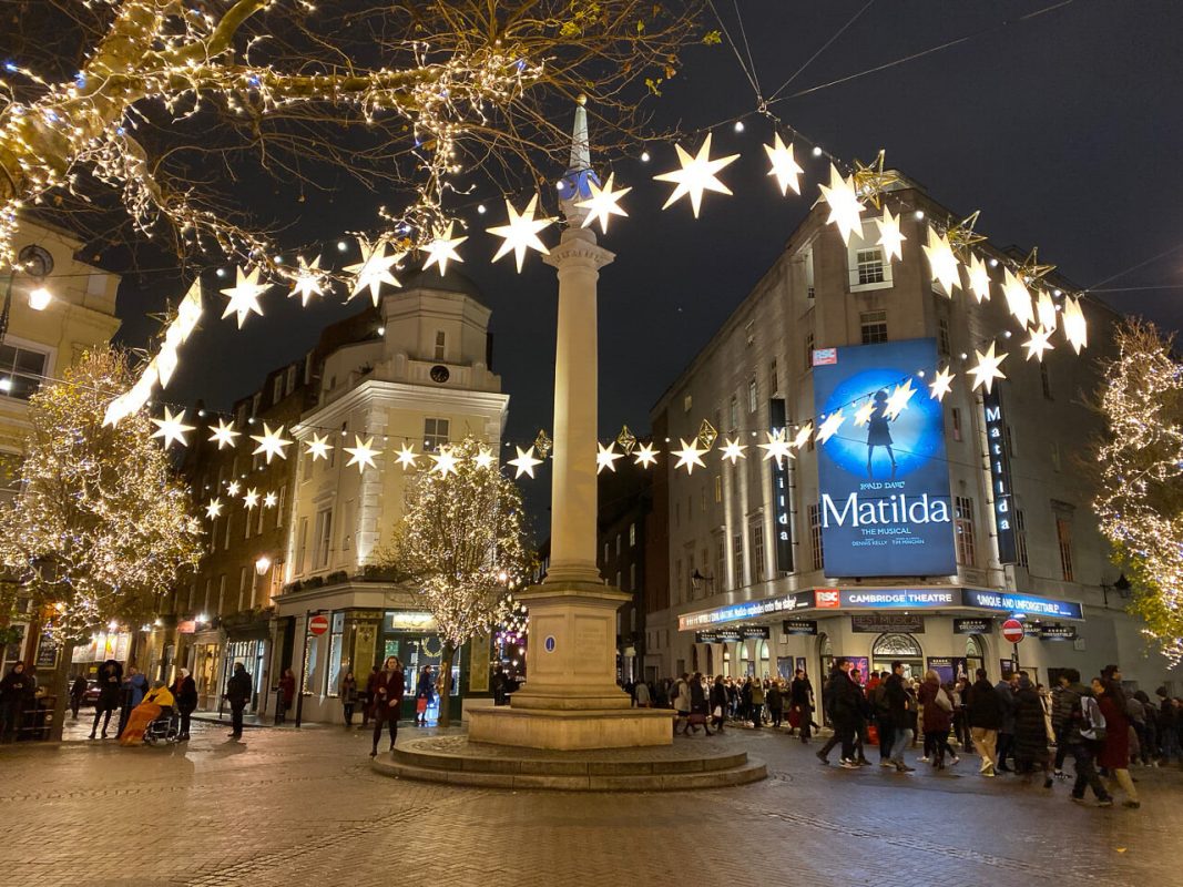 Seven Dials Roundabout decorated with Christmas Lights