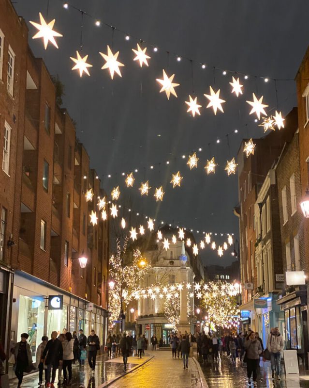 Star lights dropped across street heading up to seven dials roundabout