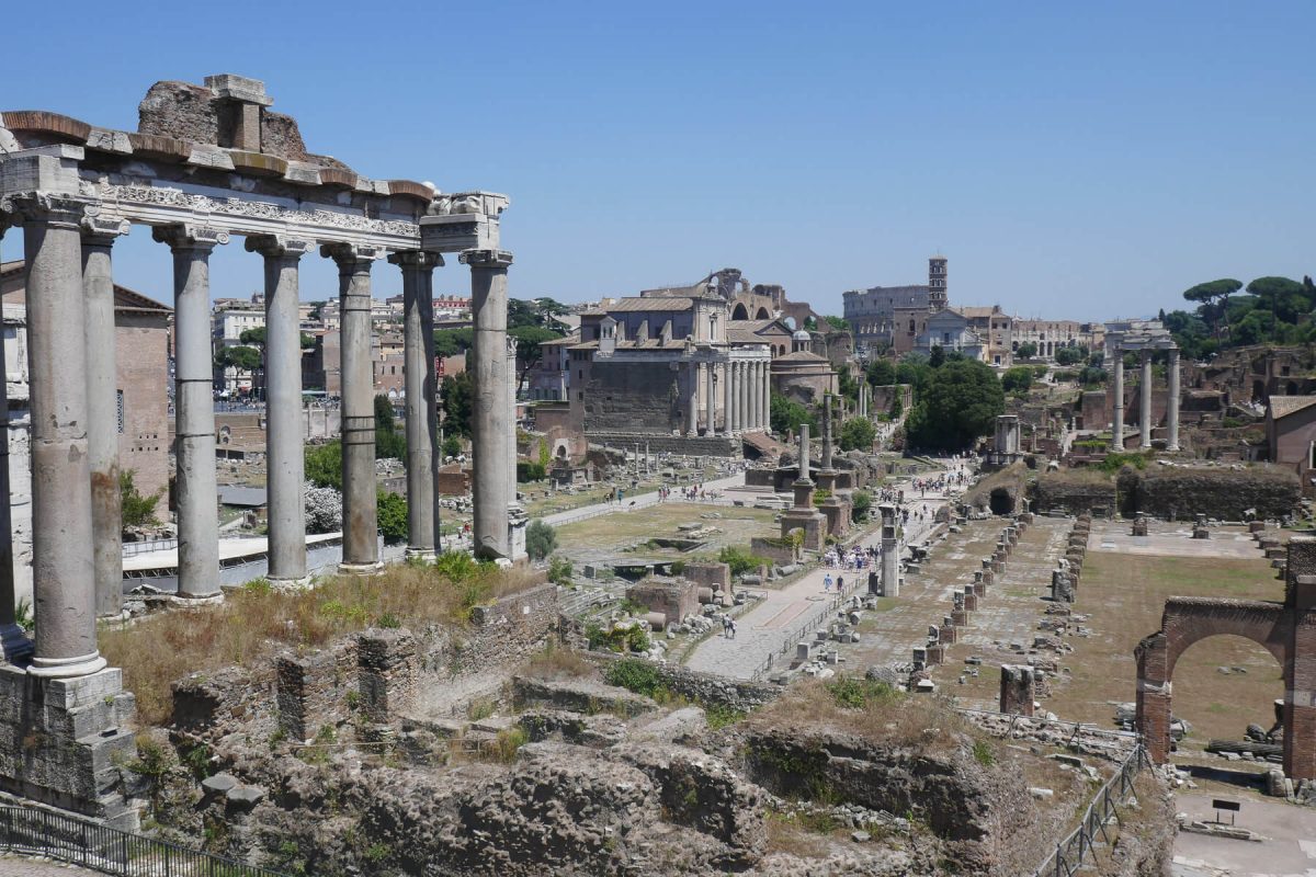 Overview of the sprawling ruins of the Roman Forum