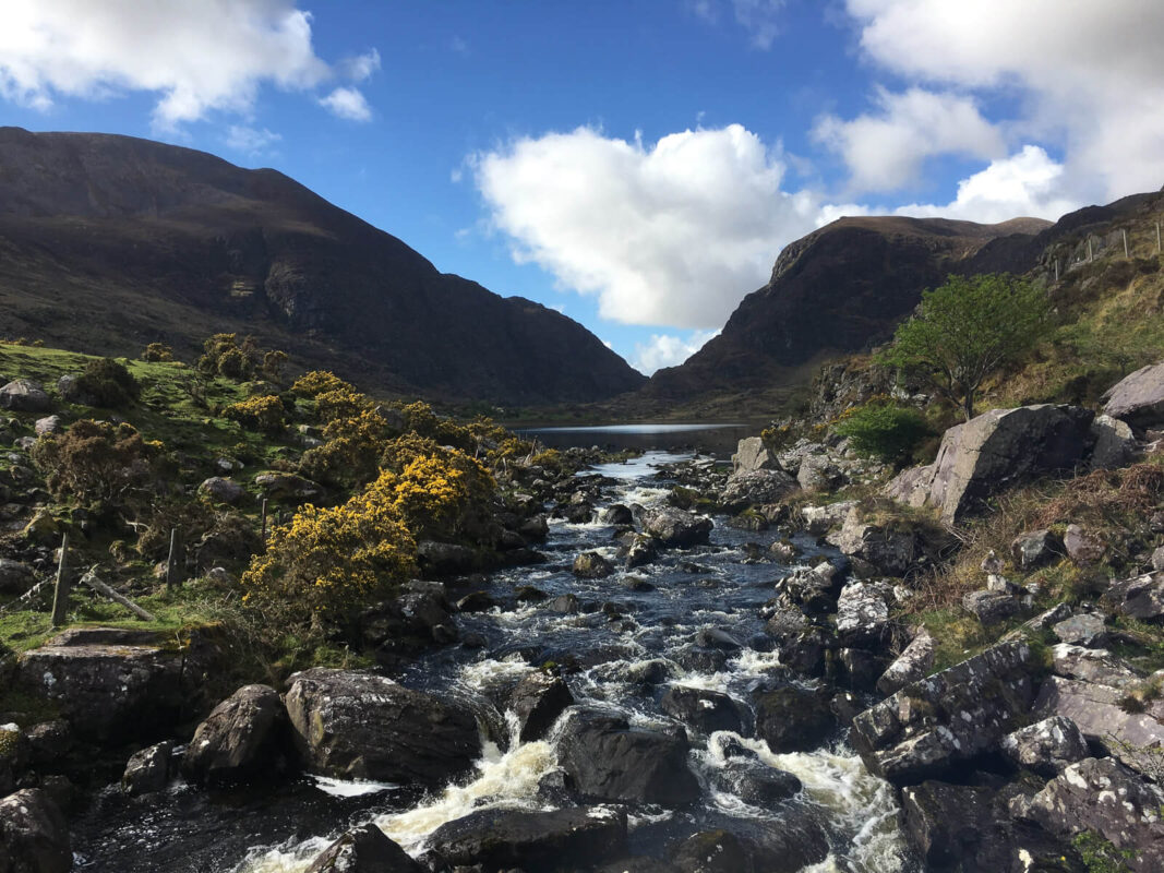 View of the narrow mountain pass, the Gap of Dunloe, in Killarney National Park
