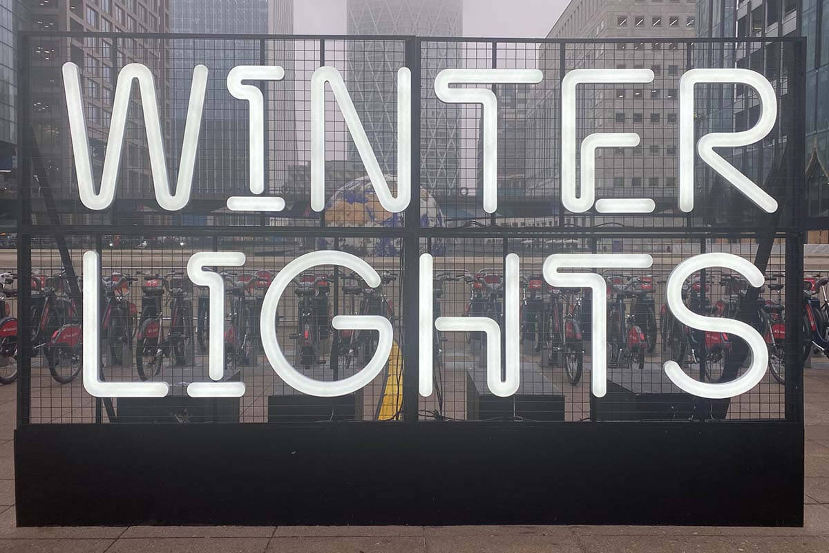 image of a light installation with the text Winter Lights in a white light