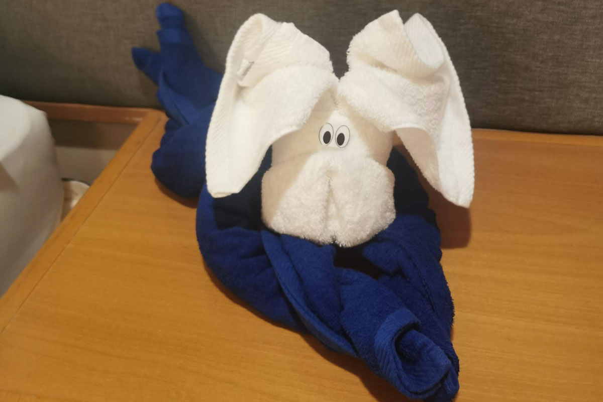 Close-up of a cute towel animal shaped like a dog, made from white and blue towels, placed on the bedside table in a Marella Discovery cabin.
