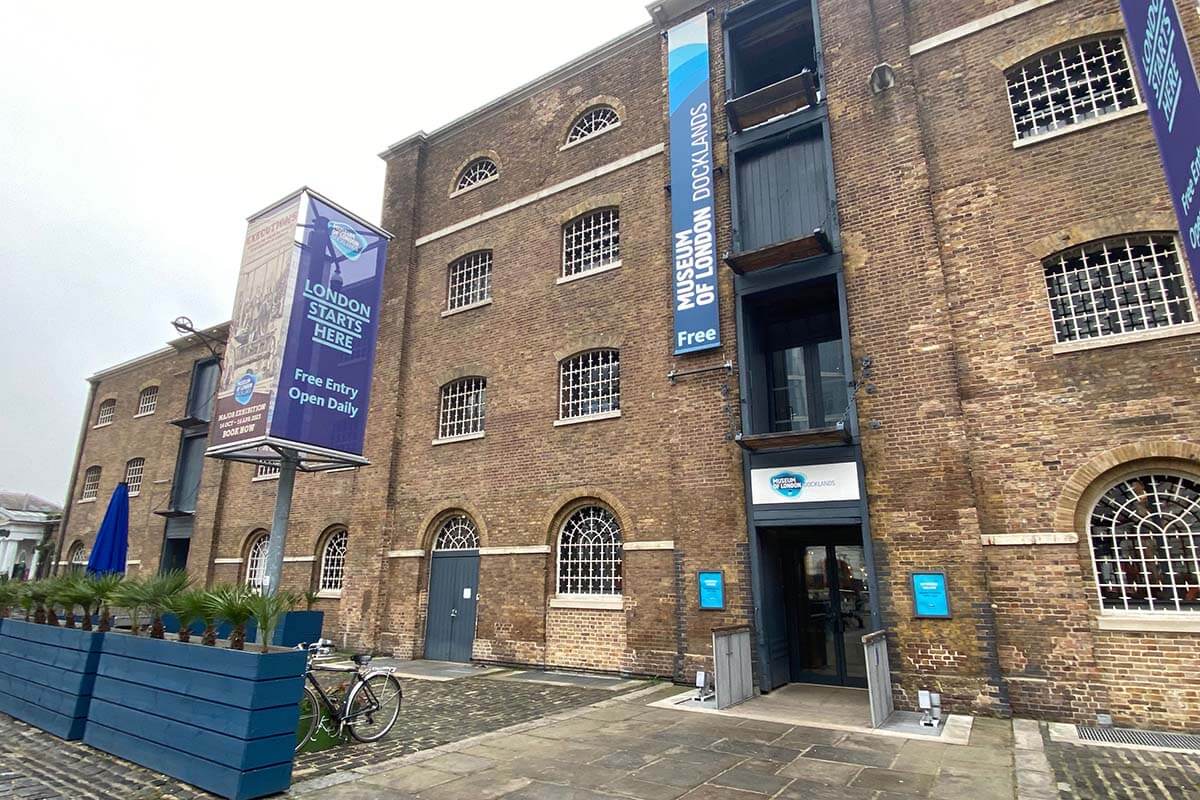 image of the entrance to the Museum of London Docklands which is located in the warehouse of West India Quay.