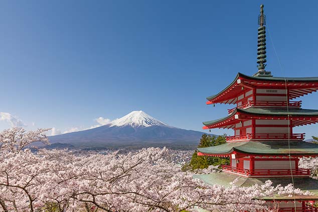 image of a red pagoda with Mt Fuji in the background