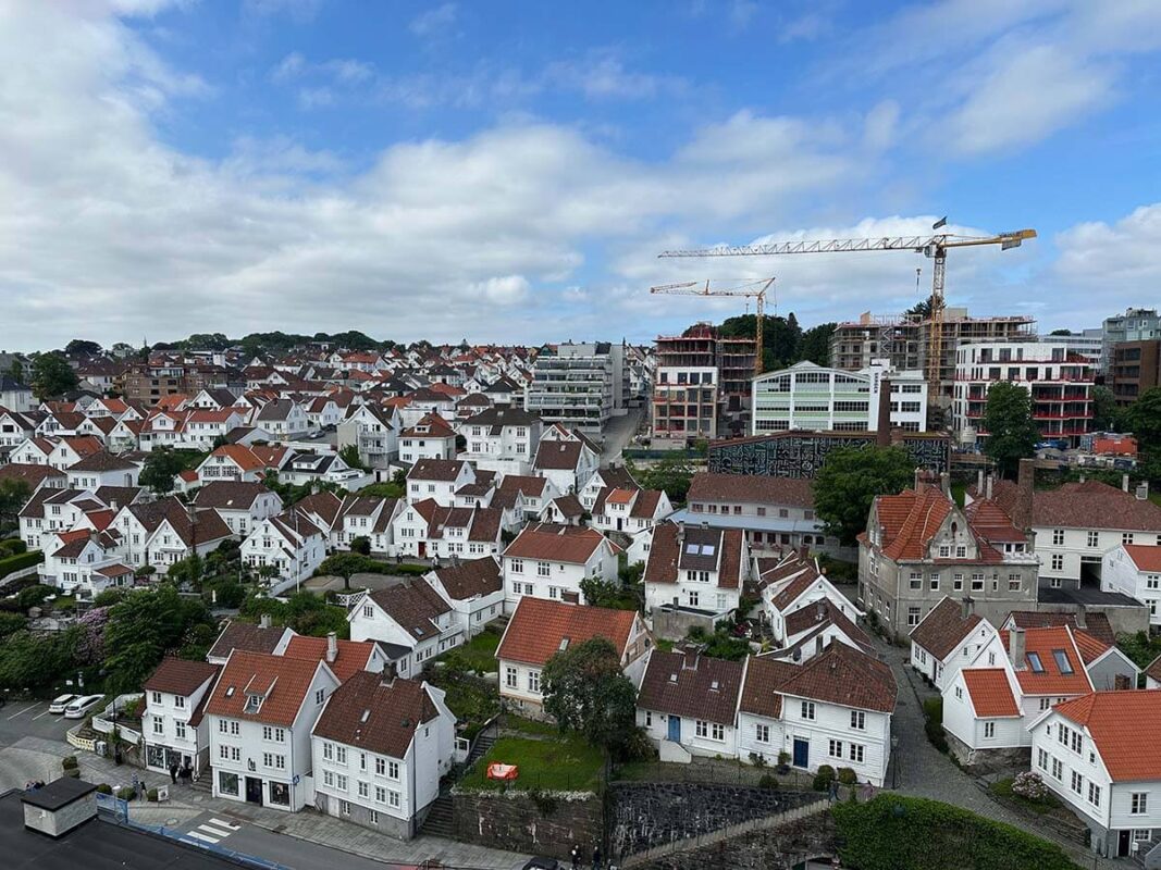 Ariel view of the white wooden houses of Gamle Stavanger, the old town part of the city.