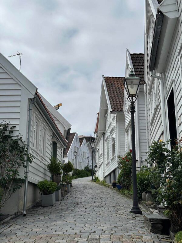 A cobbled pathway leads up hill with white wooden houses either side that that make up the old town in Stavanger