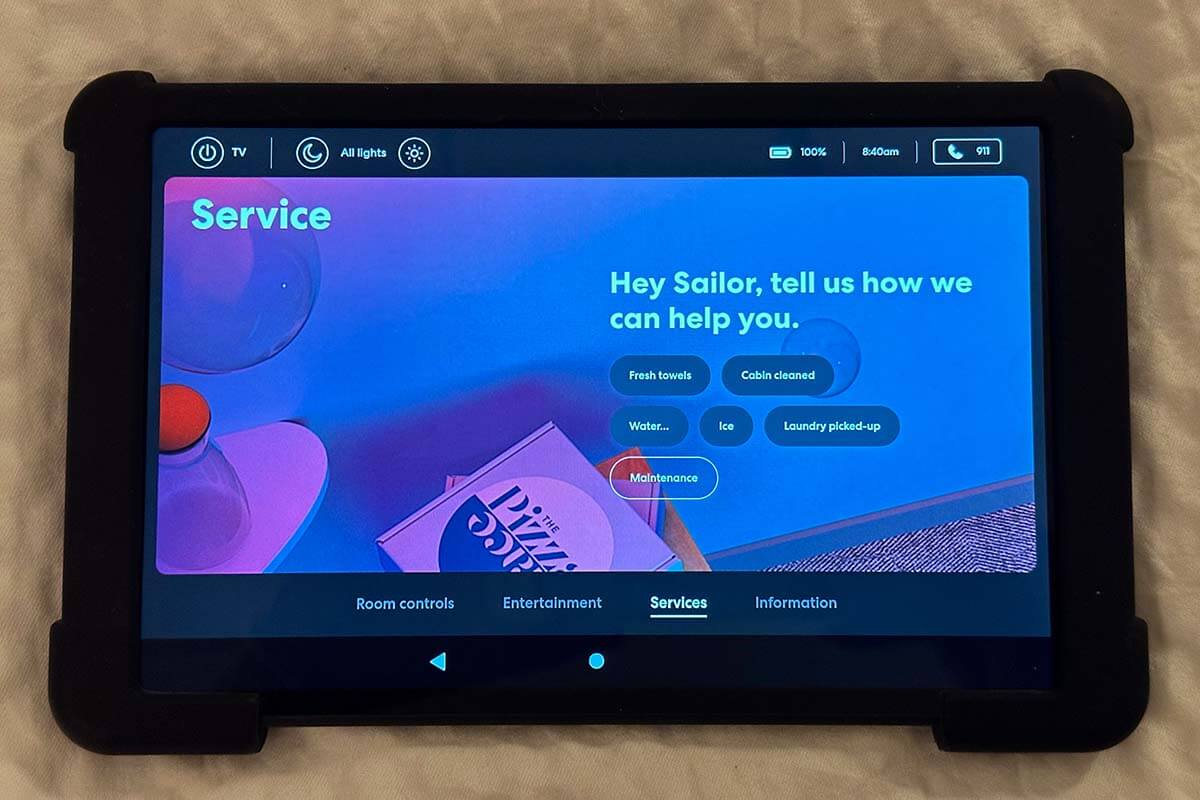 A tablet in a cabin on Virgin Voyages which can be used to control the cabin temperature, mood lighting and request services such as fresh towels, water and ice.